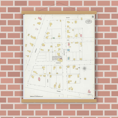 Old map wall art mockup — magnetic wood frame on brick wall — Sanborn Fire Insurance Map from Dundee, Monroe County, Michigan (1899), Sheet #0003