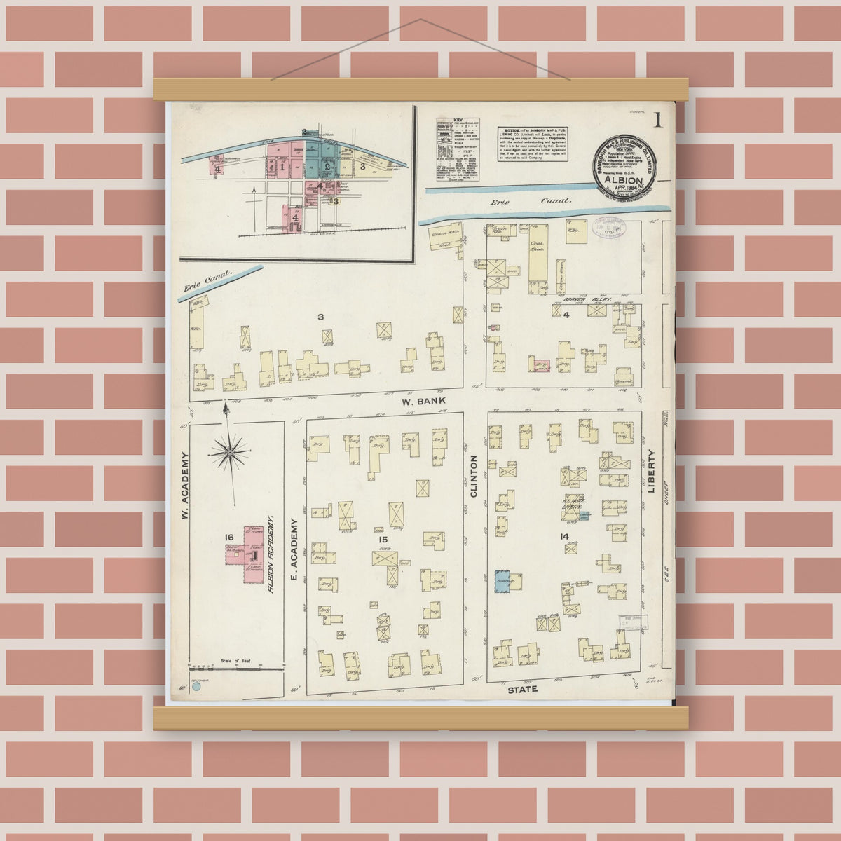 Old map wall art mockup — magnetic wood frame on brick wall — Sanborn Fire Insurance Map from Albion, Orleans County, New York (1884) - Complete Map Set