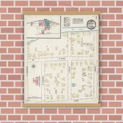 Old map wall art mockup — magnetic wood frame on brick wall — Sanborn Fire Insurance Map from Albion, Orleans County, New York (1884) - Complete Map Set