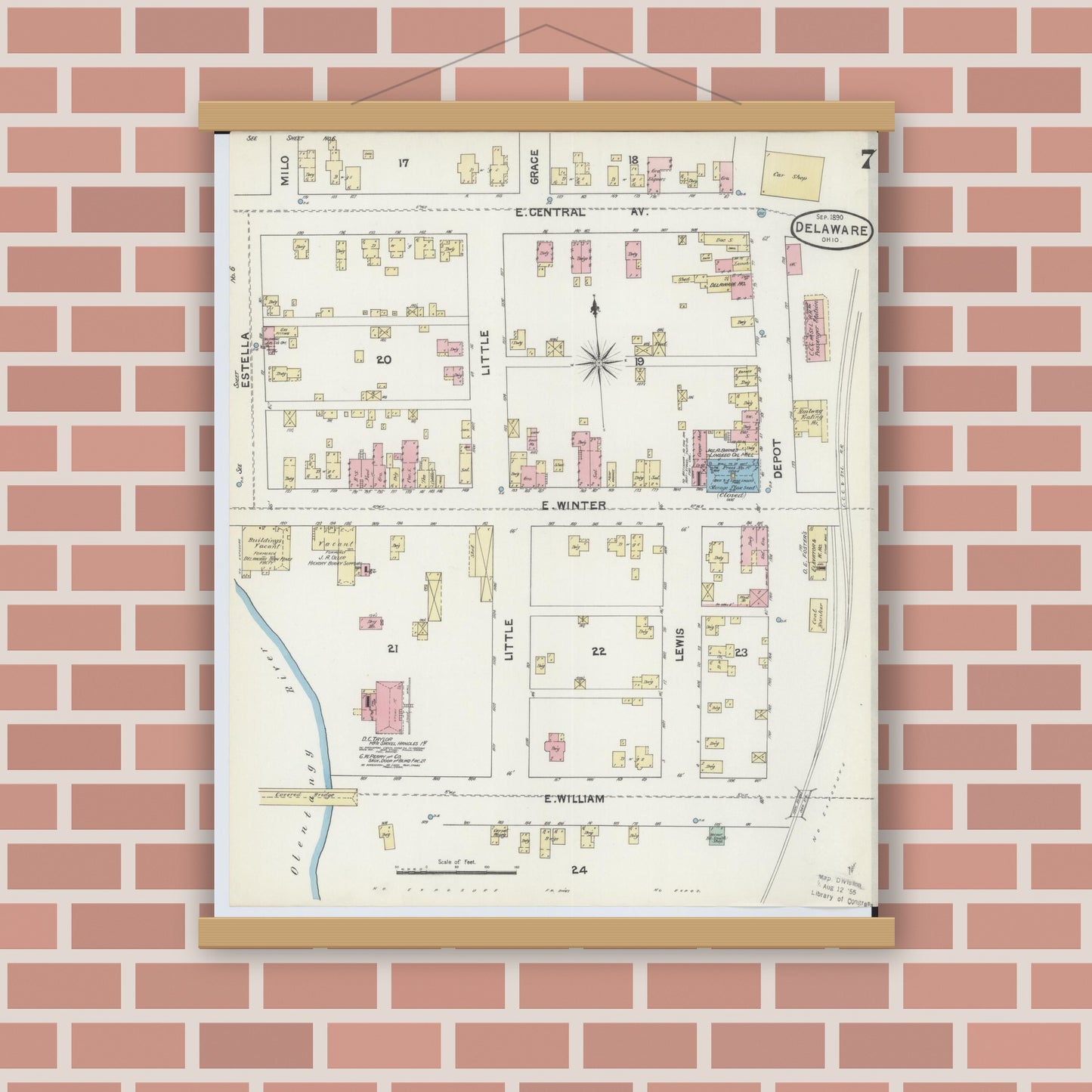 Old map wall art mockup — magnetic wood frame on brick wall — Sanborn Fire Insurance Map from Delaware, Delaware County, Ohio (1890), Sheet #0007