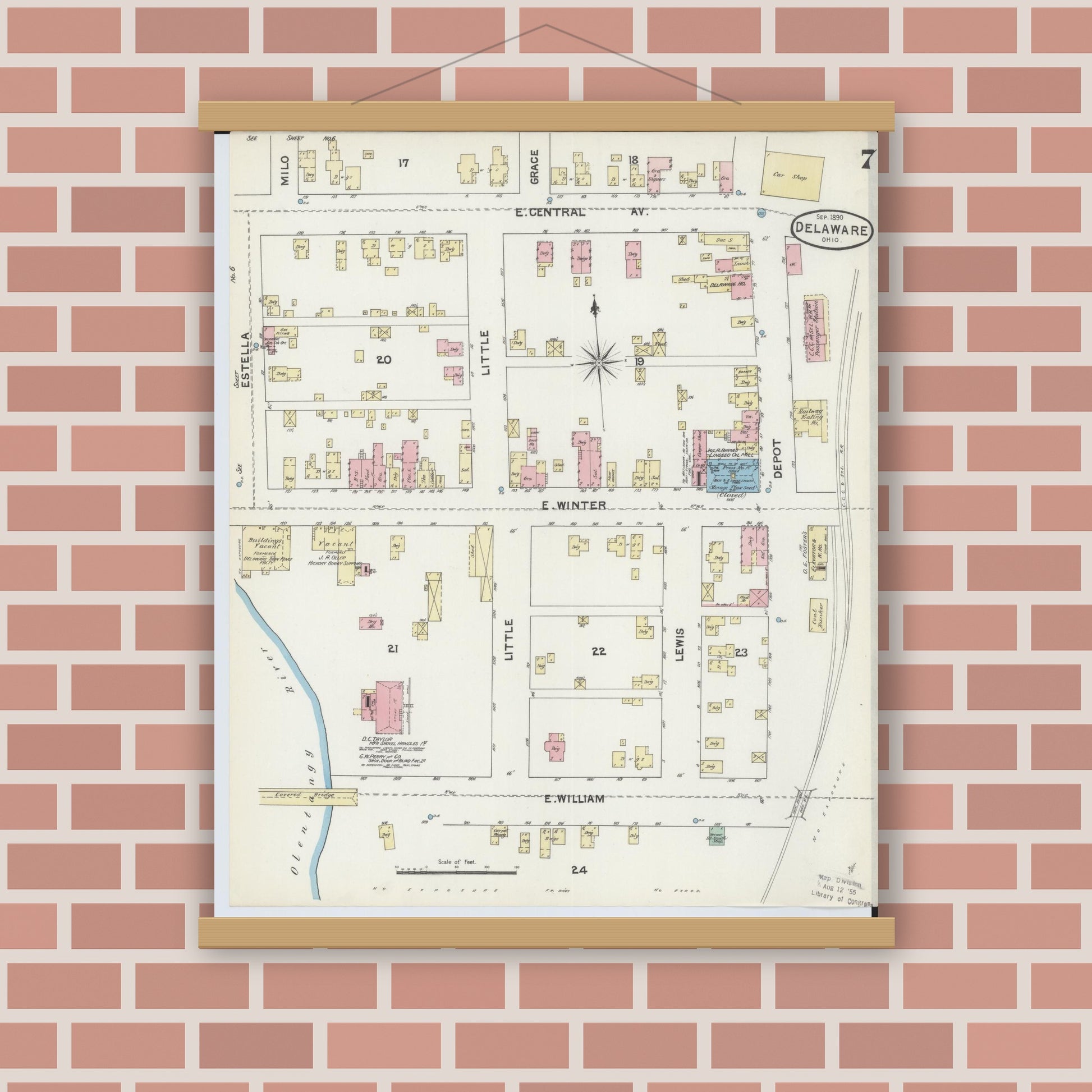 Old map wall art mockup — magnetic wood frame on brick wall — Sanborn Fire Insurance Map from Delaware, Delaware County, Ohio (1890), Sheet #0007