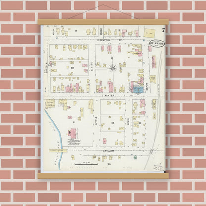 Old map wall art mockup — magnetic wood frame on brick wall — Sanborn Fire Insurance Map from Delaware, Delaware County, Ohio (1890), Sheet #0007