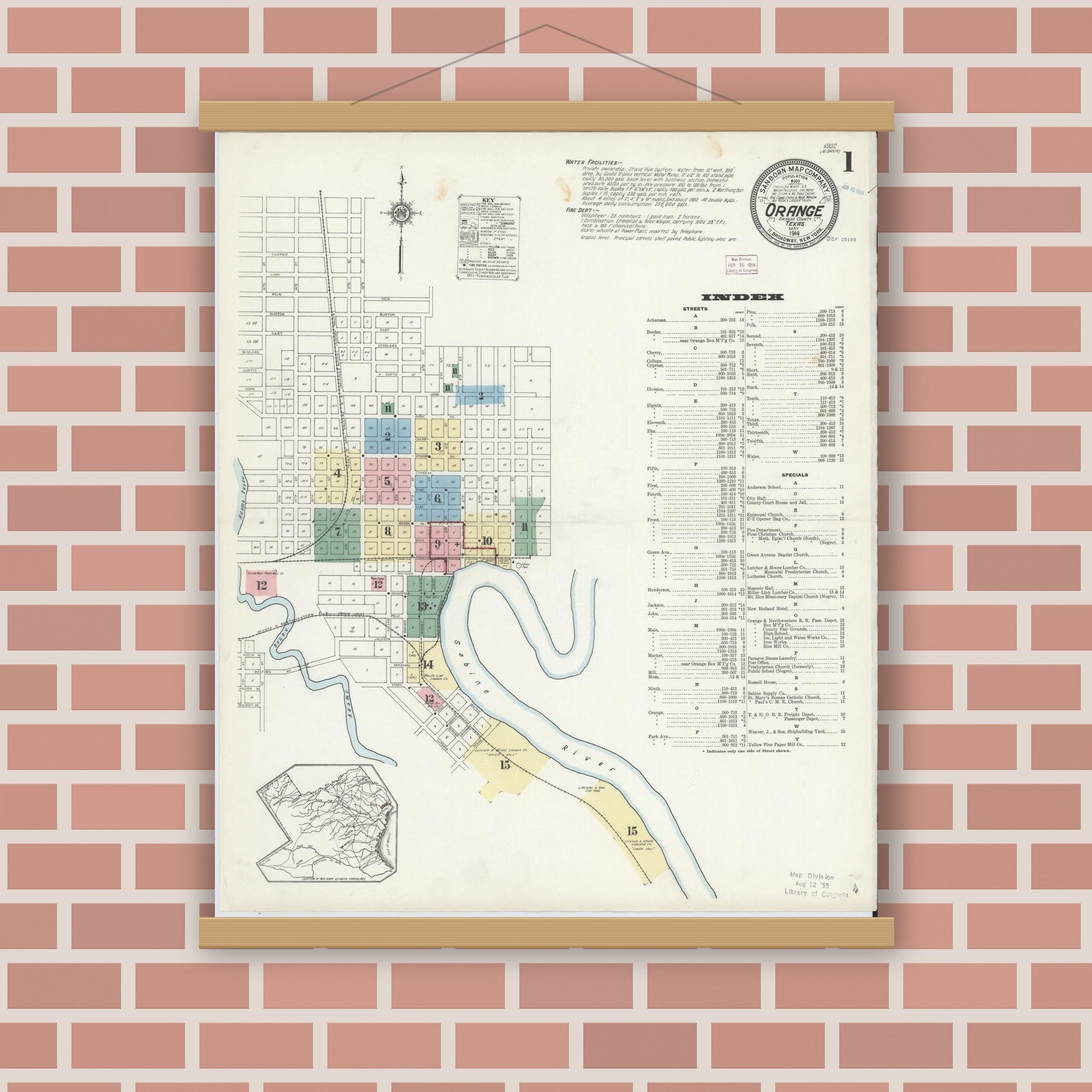 Old map wall art mockup — magnetic wood frame on brick wall — Sanborn Fire Insurance Map from Orange, Orange County, Texas (1914) - Complete Map Set