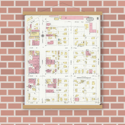 Old map wall art mockup — magnetic wood frame on brick wall — Sanborn Fire Insurance Map from Kewanee, Henry County, Illinois (1910), Sheet #0008
