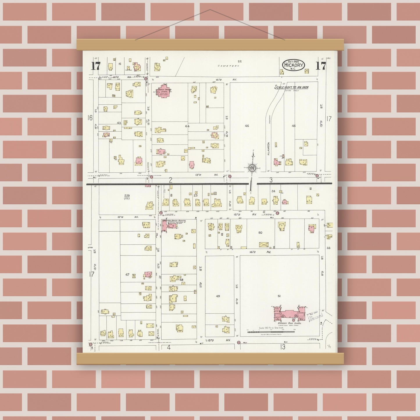 Old map wall art mockup — magnetic wood frame on brick wall — Sanborn Fire Insurance Map from Hickory, Catawba County, North Carolina (1925), Sheet #0017