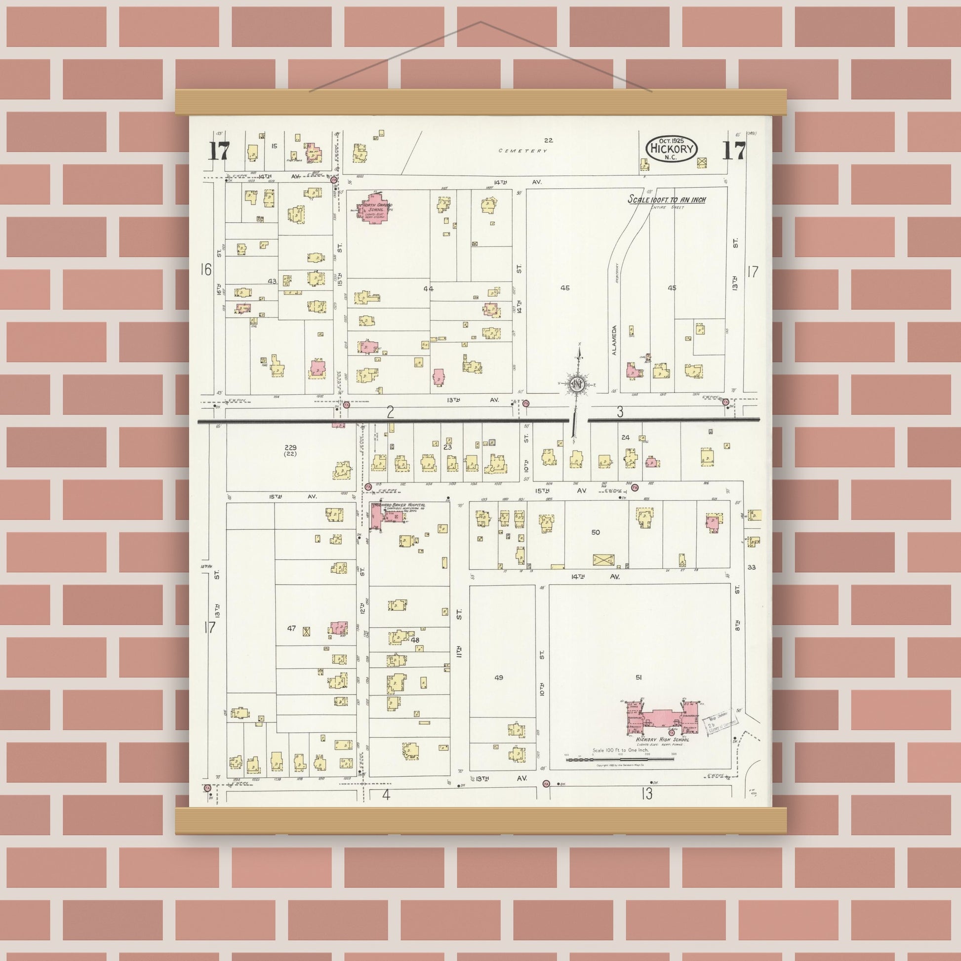 Old map wall art mockup — magnetic wood frame on brick wall — Sanborn Fire Insurance Map from Hickory, Catawba County, North Carolina (1925), Sheet #0017