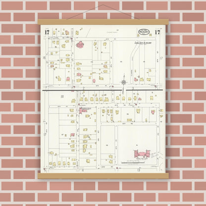 Old map wall art mockup — magnetic wood frame on brick wall — Sanborn Fire Insurance Map from Hickory, Catawba County, North Carolina (1925), Sheet #0017