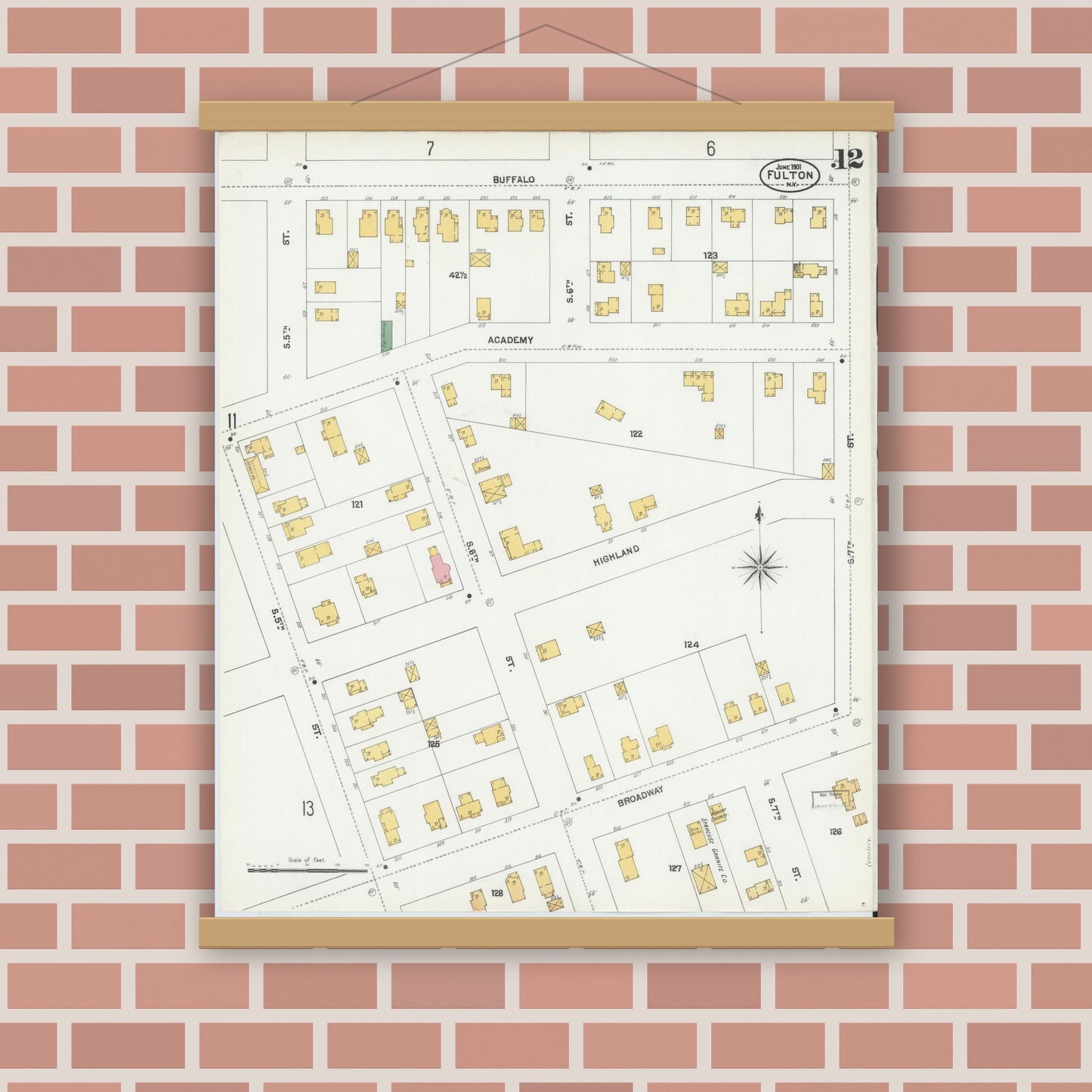 Old map wall art mockup — magnetic wood frame on brick wall — Sanborn Fire Insurance Map from Fulton, Oswego County, New York (1901), Sheet #0012
