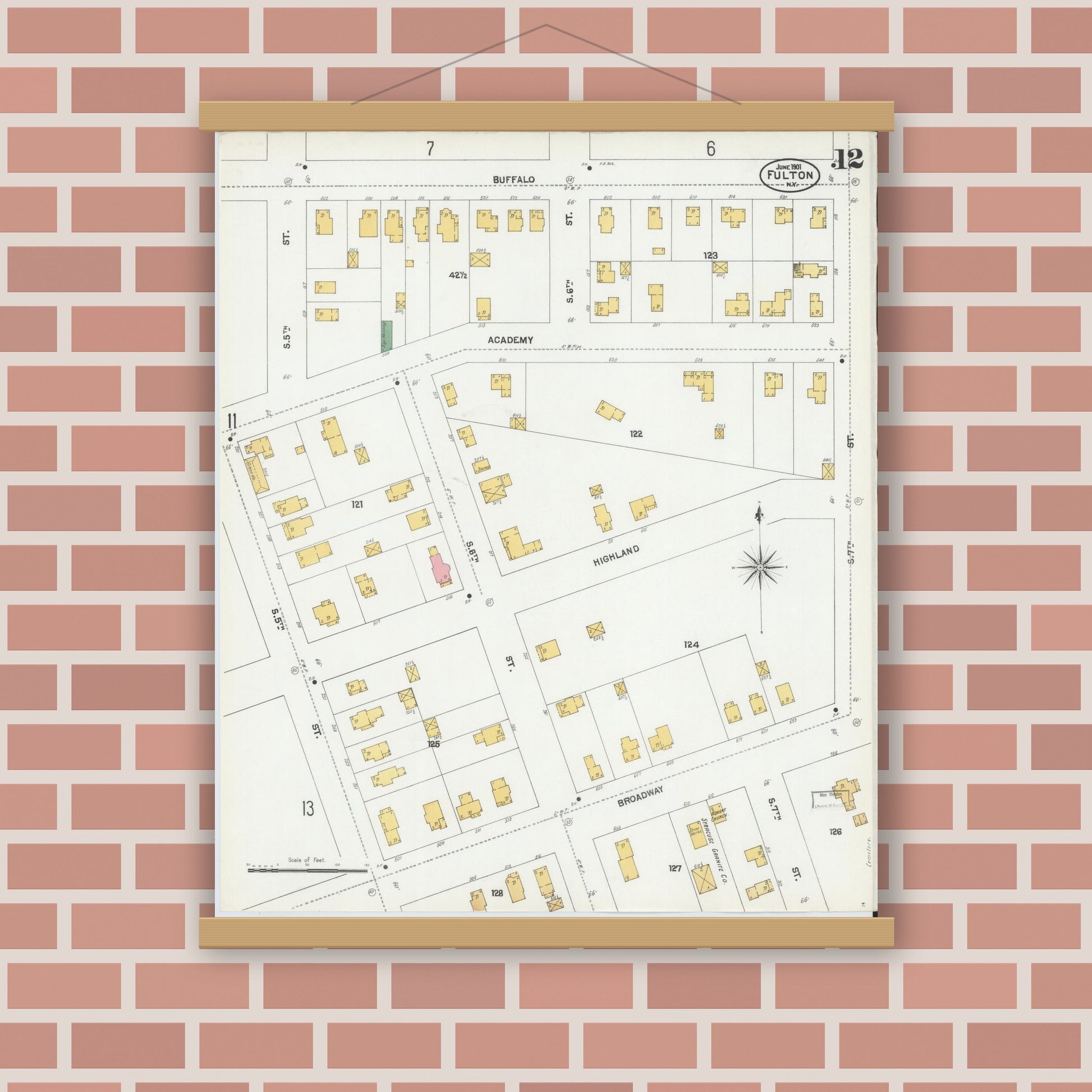 Old map wall art mockup — magnetic wood frame on brick wall — Sanborn Fire Insurance Map from Fulton, Oswego County, New York (1901), Sheet #0012