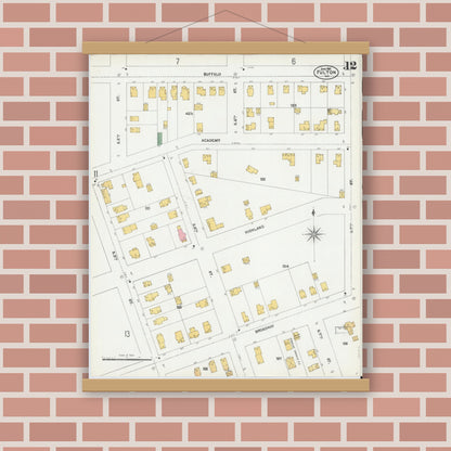 Old map wall art mockup — magnetic wood frame on brick wall — Sanborn Fire Insurance Map from Fulton, Oswego County, New York (1901), Sheet #0012