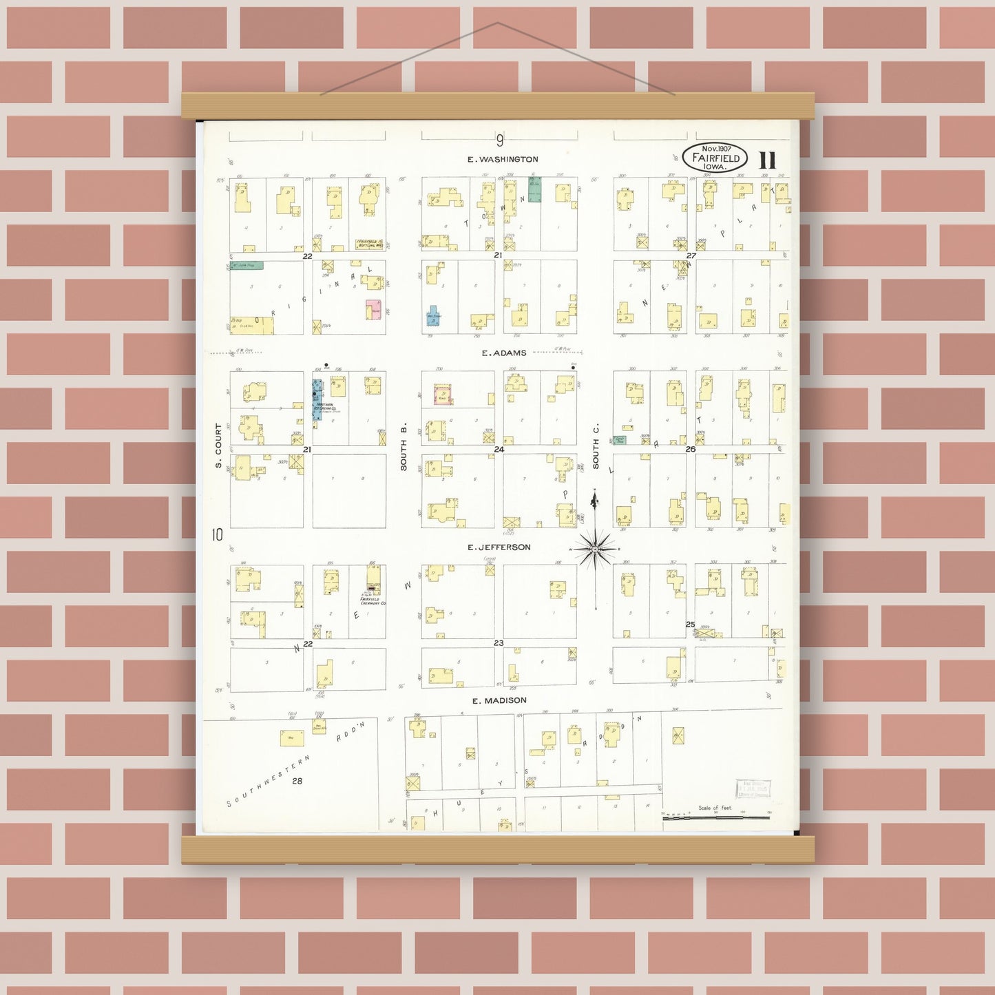 Old map wall art mockup — magnetic wood frame on brick wall — Sanborn Fire Insurance Map from Fairfield, Jefferson County, Iowa (1907), Sheet #0011