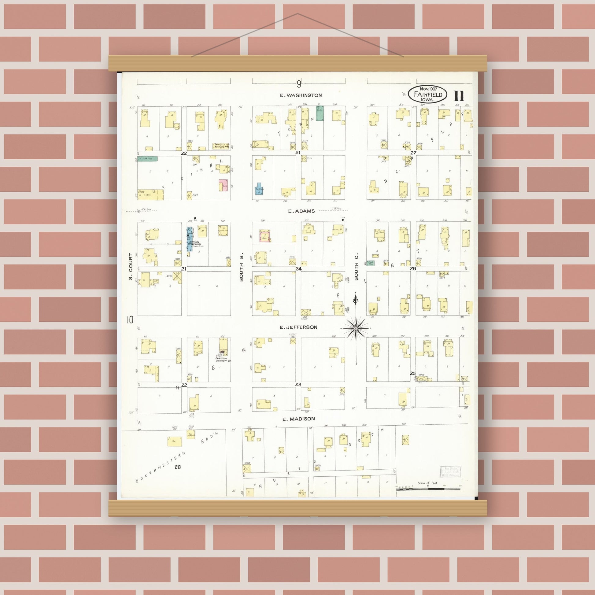 Old map wall art mockup — magnetic wood frame on brick wall — Sanborn Fire Insurance Map from Fairfield, Jefferson County, Iowa (1907), Sheet #0011
