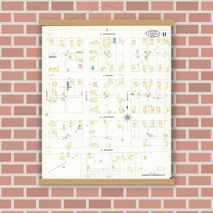 Old map wall art mockup — magnetic wood frame on brick wall — Sanborn Fire Insurance Map from Fairfield, Jefferson County, Iowa (1907), Sheet #0011