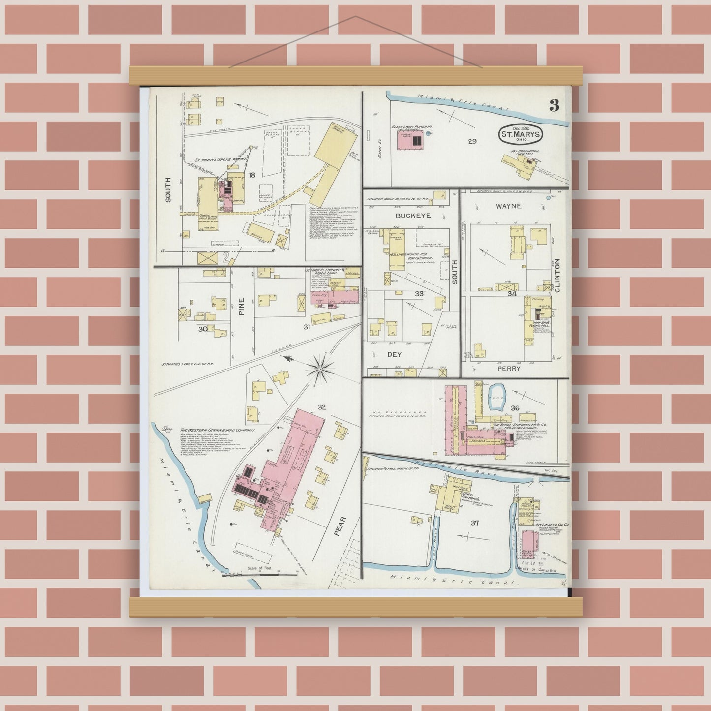Old map wall art mockup — magnetic wood frame on brick wall — Sanborn Fire Insurance Map from Saint Marys, Auglaize County, Ohio (1892), Sheet #0003