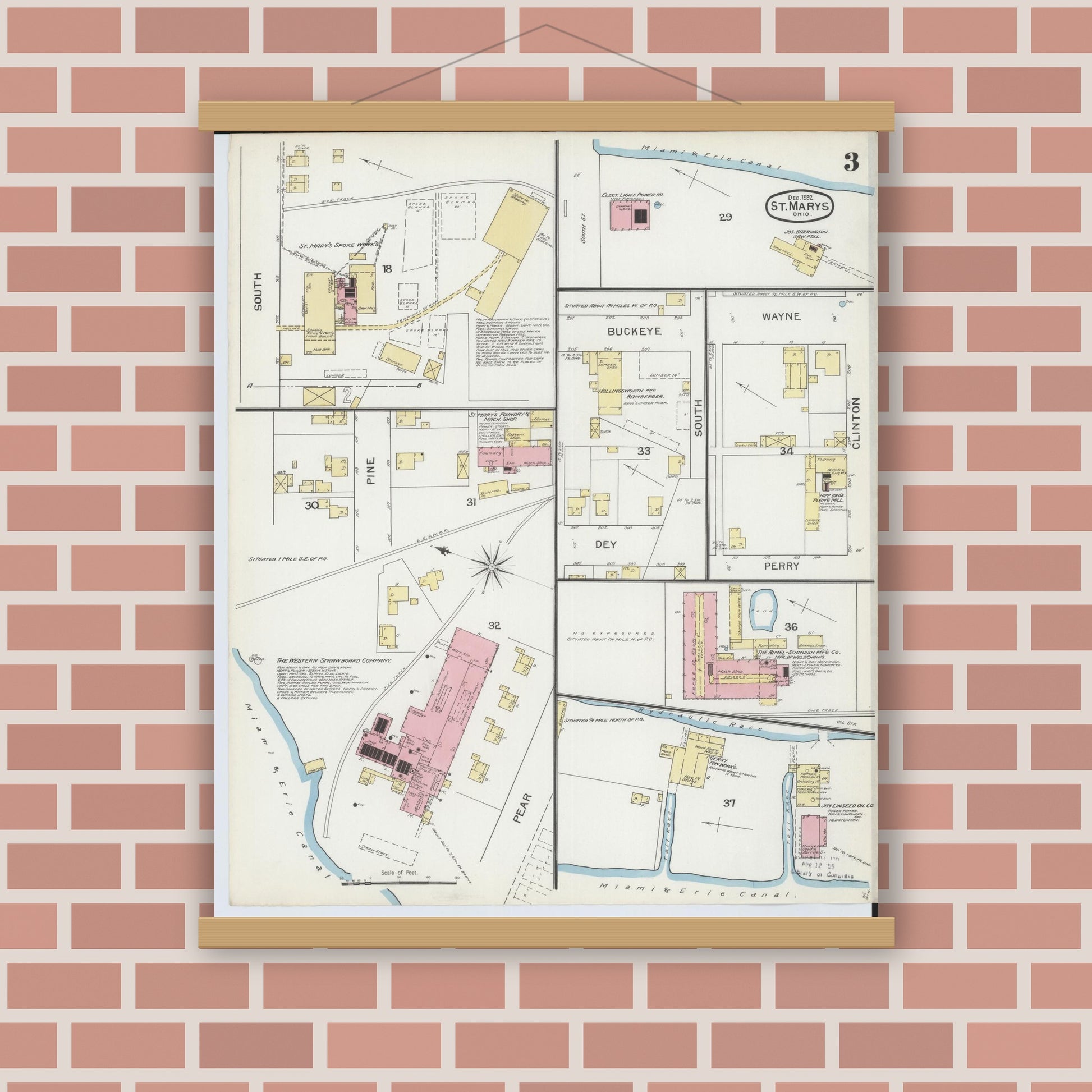 Old map wall art mockup — magnetic wood frame on brick wall — Sanborn Fire Insurance Map from Saint Marys, Auglaize County, Ohio (1892), Sheet #0003