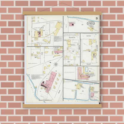 Old map wall art mockup — magnetic wood frame on brick wall — Sanborn Fire Insurance Map from Saint Marys, Auglaize County, Ohio (1892), Sheet #0003