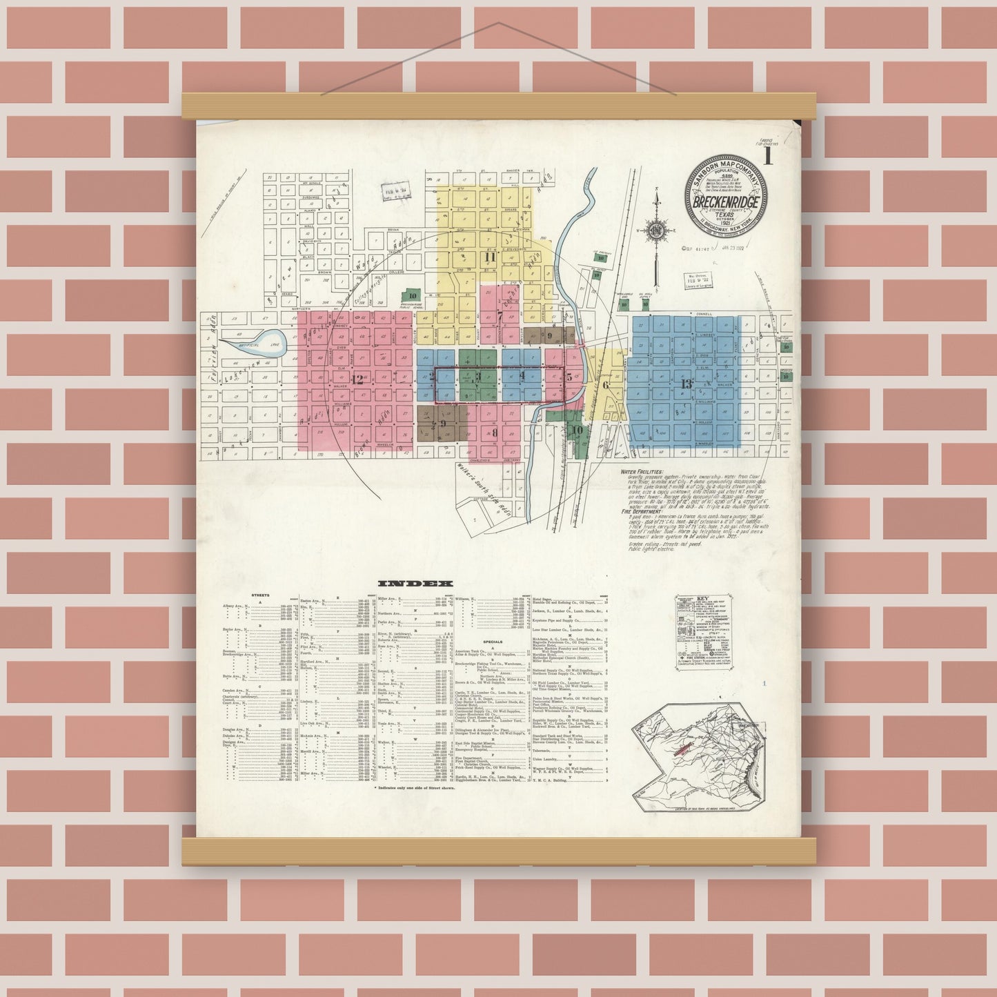 Old map wall art mockup — magnetic wood frame on brick wall — Sanborn Fire Insurance Map from Breckenridge, Stephens County, Texas (1921), Sheet #0001