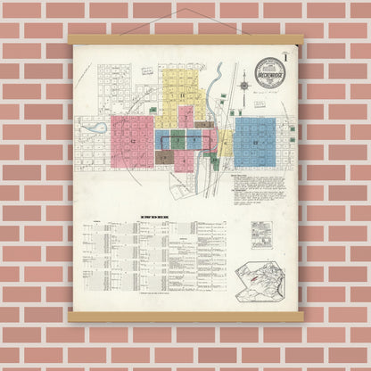 Old map wall art mockup — magnetic wood frame on brick wall — Sanborn Fire Insurance Map from Breckenridge, Stephens County, Texas (1921), Sheet #0001