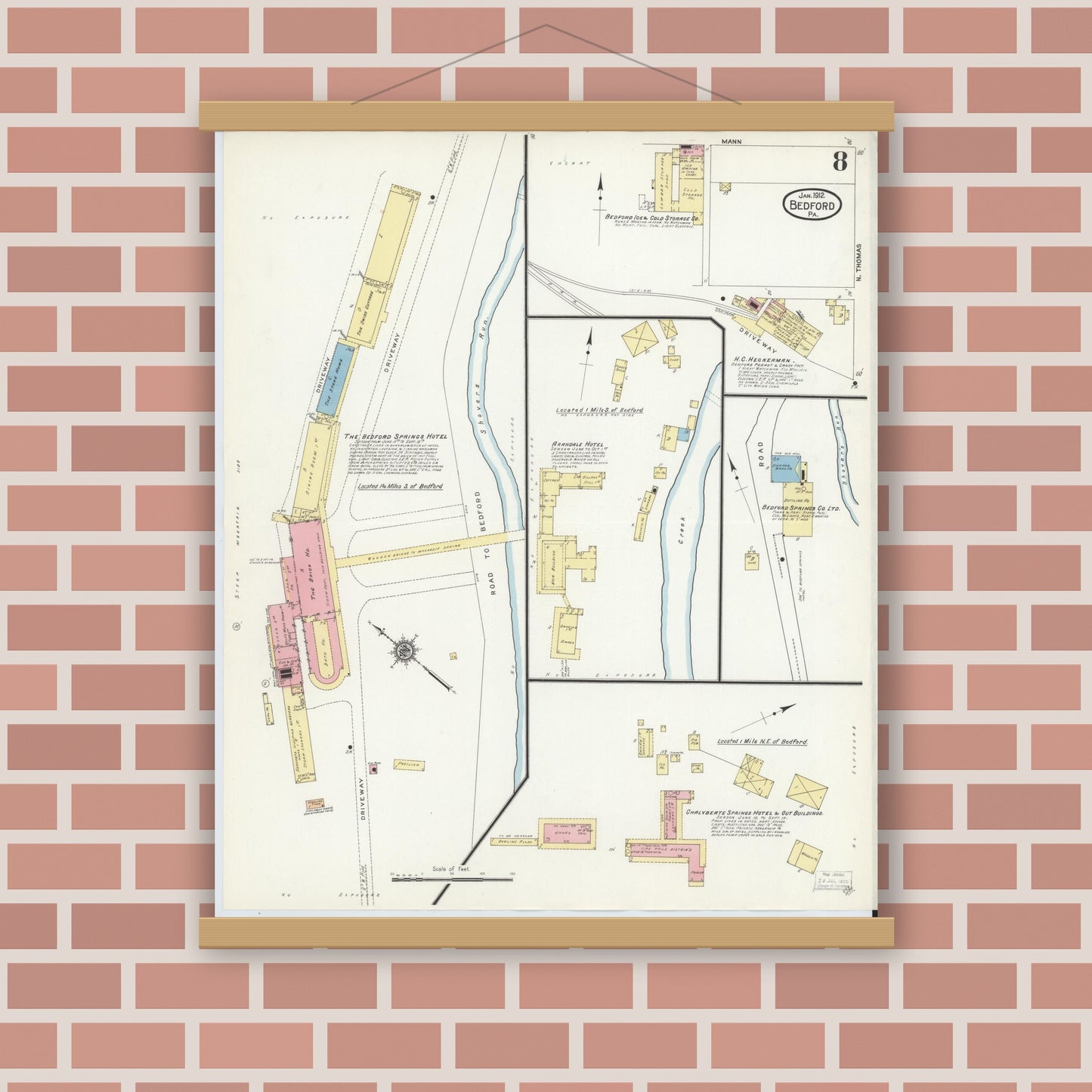 Old map wall art mockup — magnetic wood frame on brick wall — Sanborn Fire Insurance Map from Bedford, Bedford County, Pennsylvania (1912), Sheet #0008