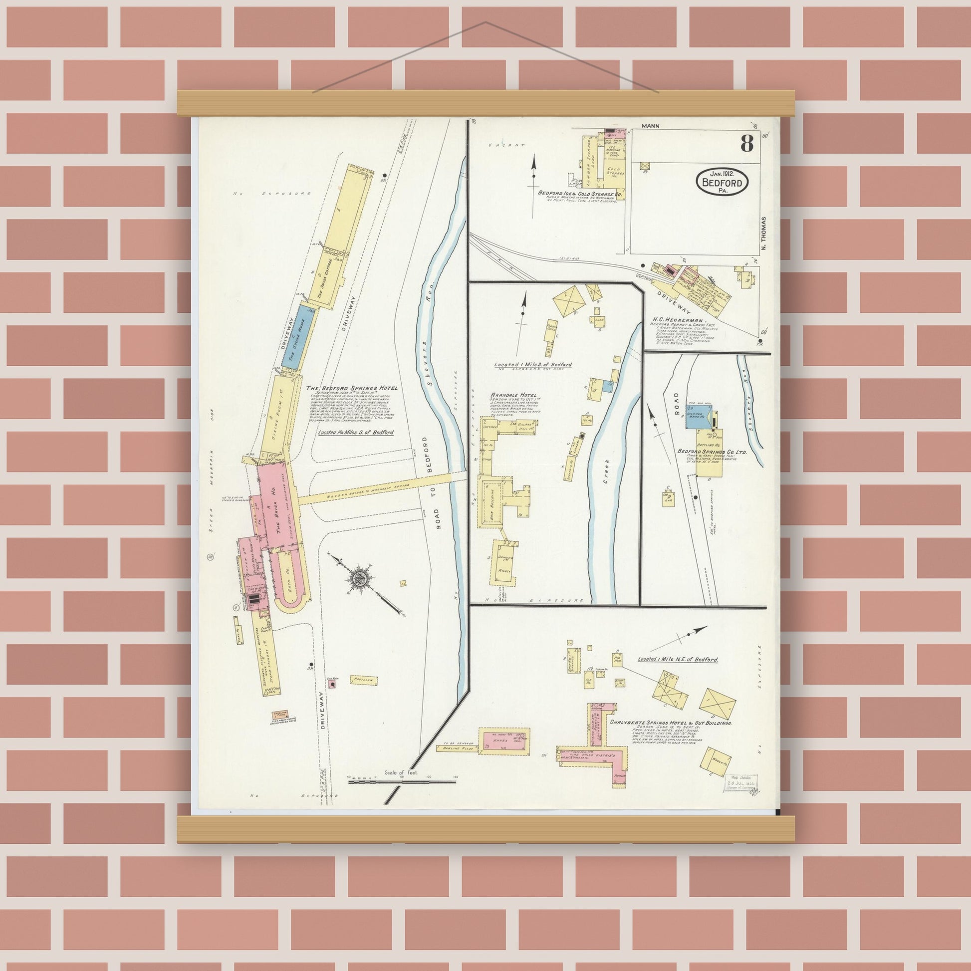 Old map wall art mockup — magnetic wood frame on brick wall — Sanborn Fire Insurance Map from Bedford, Bedford County, Pennsylvania (1912), Sheet #0008