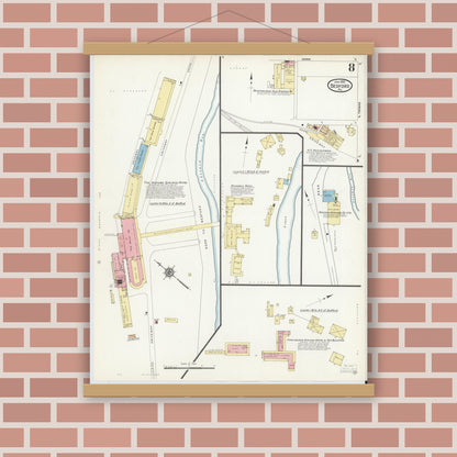 Old map wall art mockup — magnetic wood frame on brick wall — Sanborn Fire Insurance Map from Bedford, Bedford County, Pennsylvania (1912), Sheet #0008