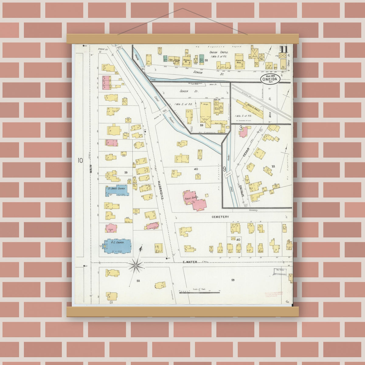 Old map wall art mockup — magnetic wood frame on brick wall — Sanborn Fire Insurance Map from Oneida, Madison County, New York (1899), Sheet #0011