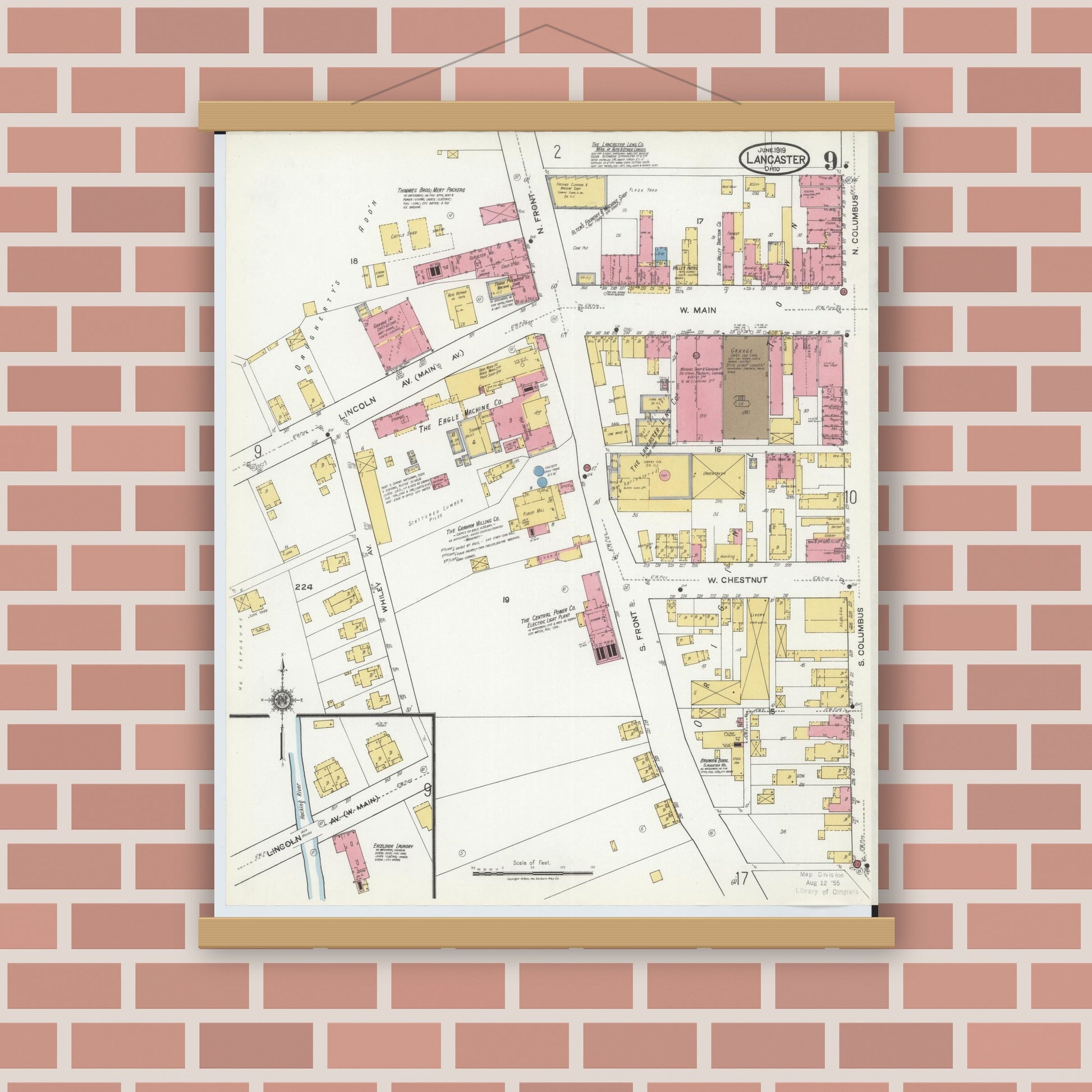 Old map wall art mockup — magnetic wood frame on brick wall — Sanborn Fire Insurance Map from Lancaster, Fairfield County, Ohio (1919), Sheet #0009
