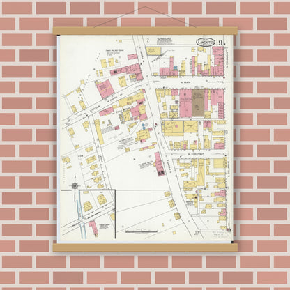 Old map wall art mockup — magnetic wood frame on brick wall — Sanborn Fire Insurance Map from Lancaster, Fairfield County, Ohio (1919), Sheet #0009
