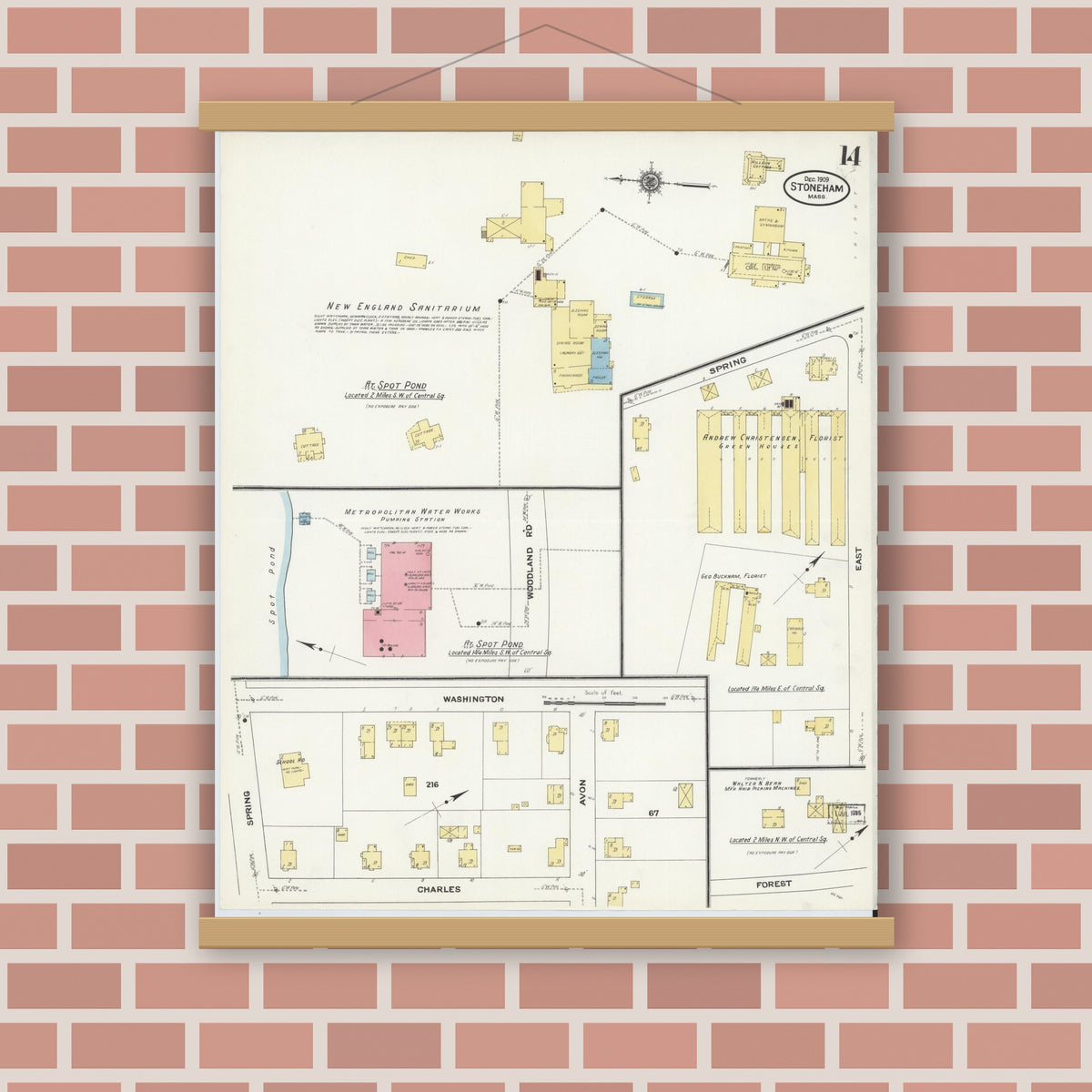 Old map wall art mockup — magnetic wood frame on brick wall — Sanborn Fire Insurance Map from Stoneham, Middlesex County, Massachusetts (1909), Sheet #0014