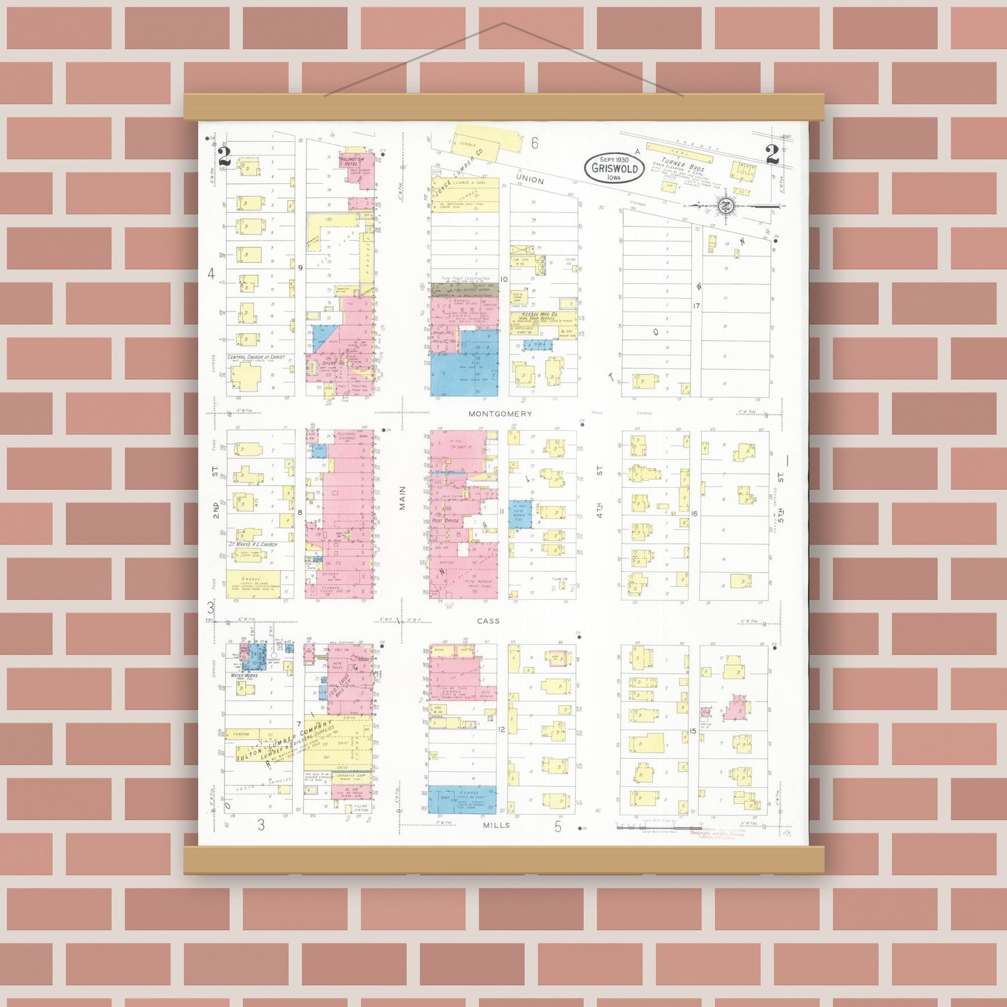 Old map wall art mockup — magnetic wood frame on brick wall — Sanborn Fire Insurance Map from Griswold, Cass County, Iowa (1930), Sheet #0002