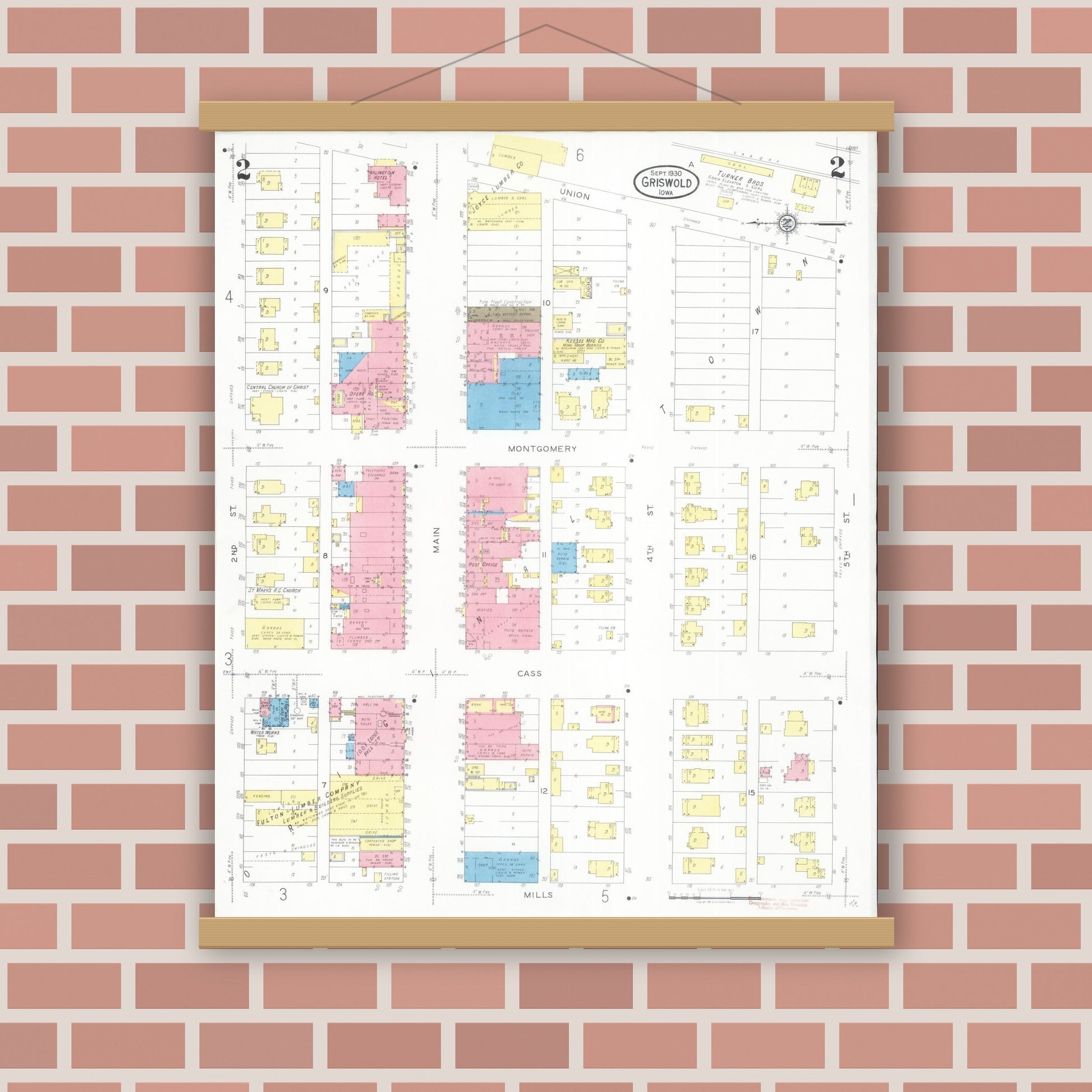 Old map wall art mockup — magnetic wood frame on brick wall — Sanborn Fire Insurance Map from Griswold, Cass County, Iowa (1930), Sheet #0002