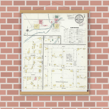 Old map wall art mockup — magnetic wood frame on brick wall — Sanborn Fire Insurance Map from Baltimore, Fairfield County, Ohio (1910), Sheet #0001