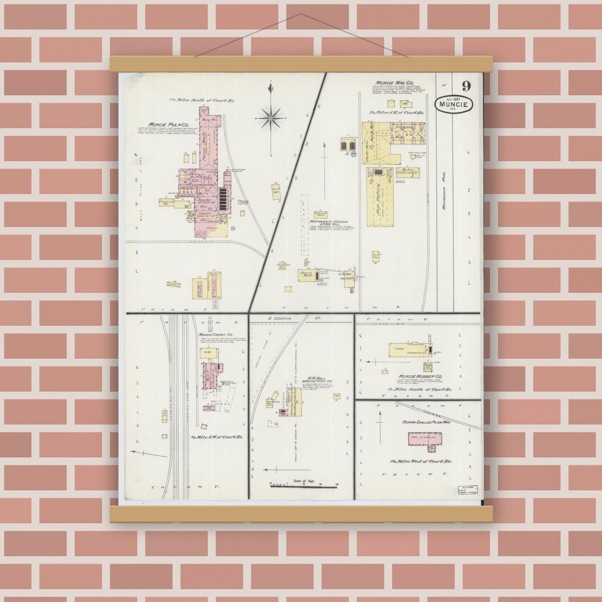 Old map wall art mockup — magnetic wood frame on brick wall — Sanborn Fire Insurance Map from Muncie, Delaware County, Indiana (1889), Sheet #0009