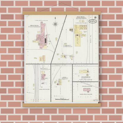 Old map wall art mockup — magnetic wood frame on brick wall — Sanborn Fire Insurance Map from Muncie, Delaware County, Indiana (1889), Sheet #0009