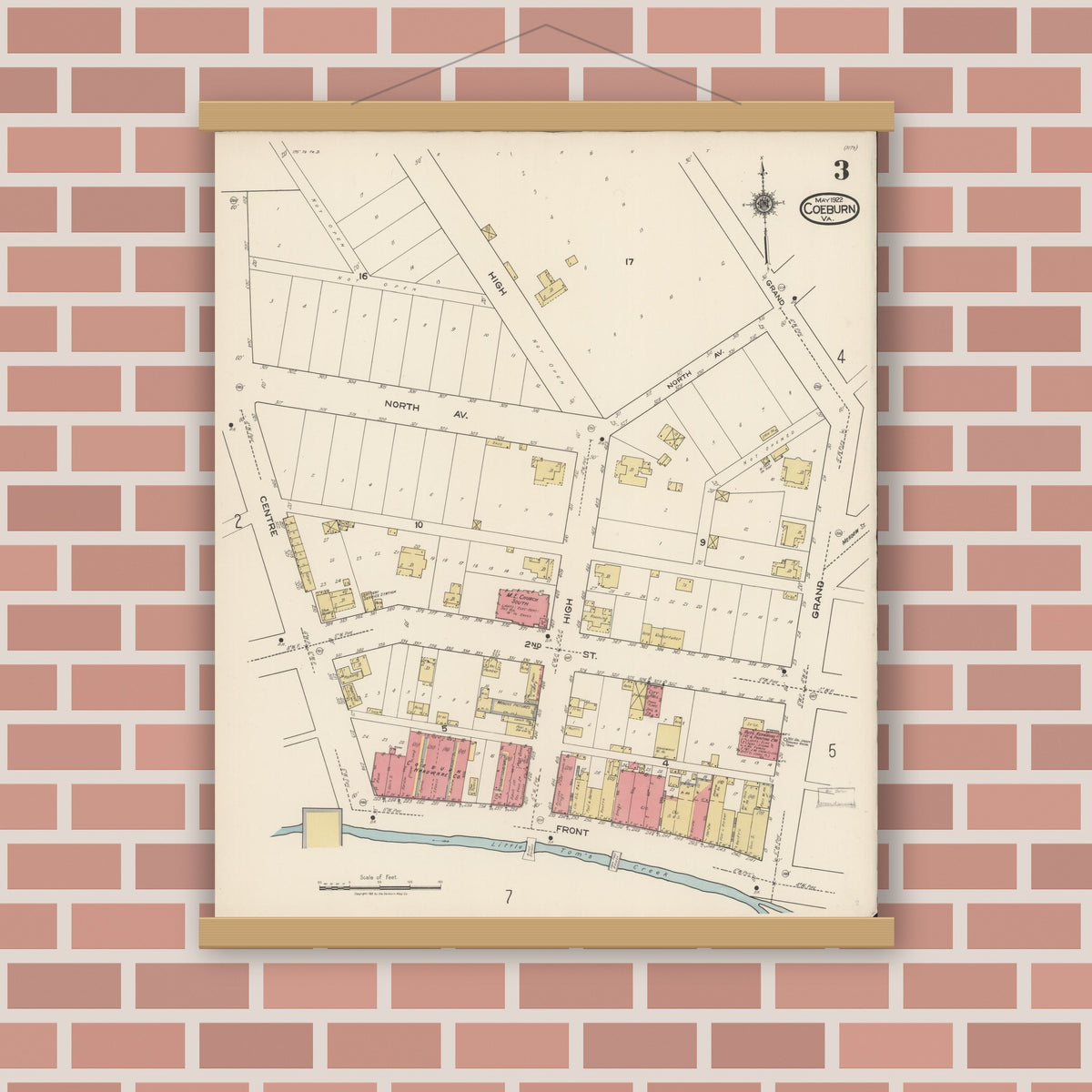 Old map wall art mockup — magnetic wood frame on brick wall — Sanborn Fire Insurance Map from Coeburn, Wise County, Virginia (1922), Sheet #0003