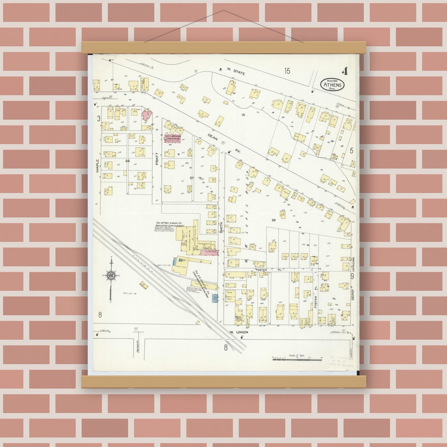 Old map wall art mockup — magnetic wood frame on brick wall — Sanborn Fire Insurance Map from Athens, Athens County, Ohio (1914), Sheet #0004