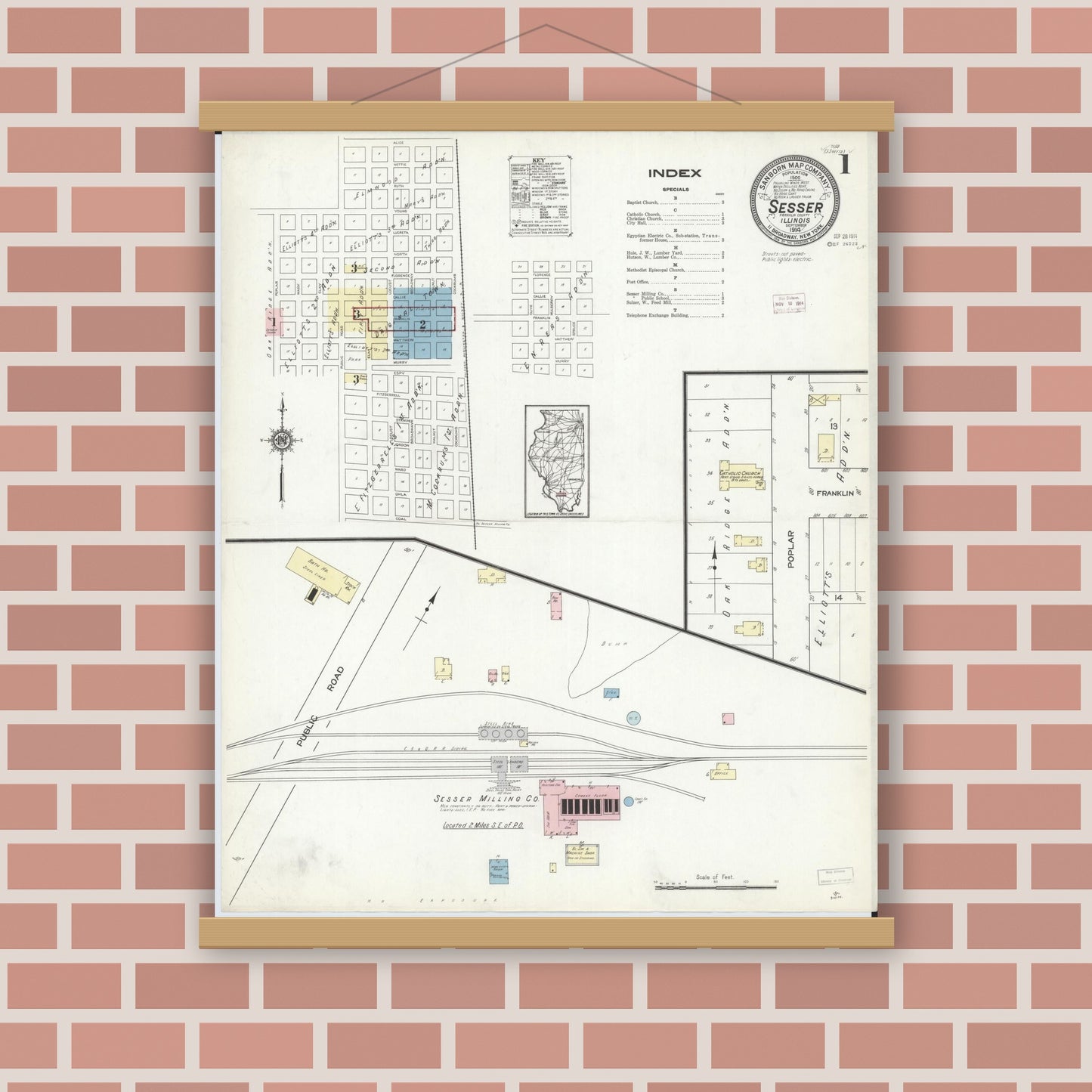 Old map wall art mockup — magnetic wood frame on brick wall — Sanborn Fire Insurance Map from Sesser, Franklin County, Illinois (1914) - Complete Map Set