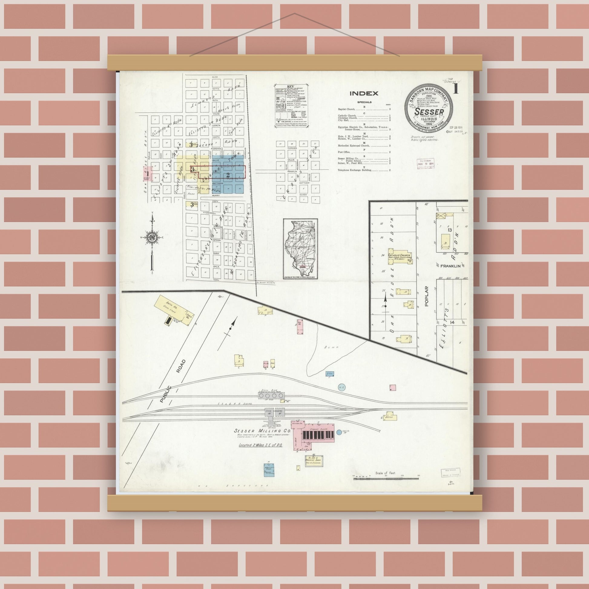 Old map wall art mockup — magnetic wood frame on brick wall — Sanborn Fire Insurance Map from Sesser, Franklin County, Illinois (1914) - Complete Map Set