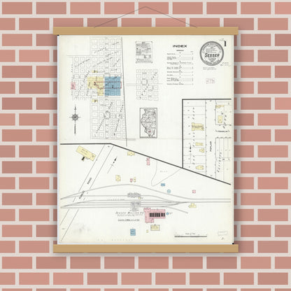 Old map wall art mockup — magnetic wood frame on brick wall — Sanborn Fire Insurance Map from Sesser, Franklin County, Illinois (1914) - Complete Map Set