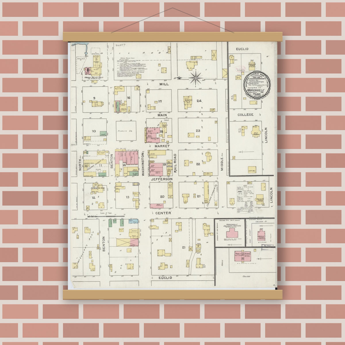 Old map wall art mockup — magnetic wood frame on brick wall — Sanborn Fire Insurance Map from Marionville, Lawrence County, Missouri (1894), Sheet #0001