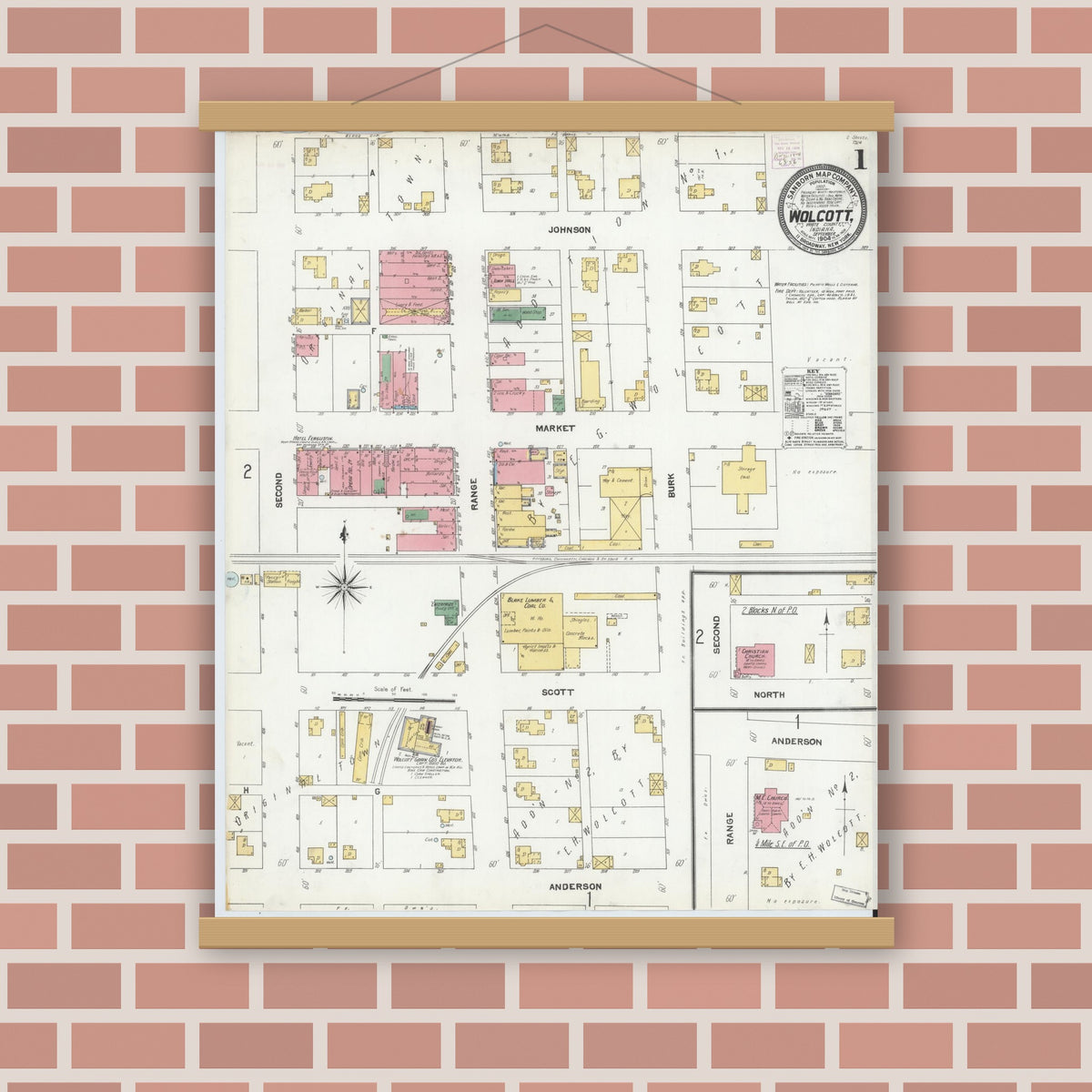 Old map wall art mockup — magnetic wood frame on brick wall — Sanborn Fire Insurance Map from Wolcott, White County, Indiana (1904), Sheet #0001