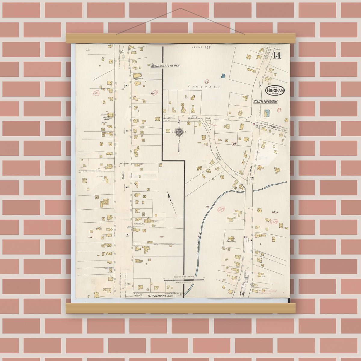 Old map wall art mockup — magnetic wood frame on brick wall — Sanborn Fire Insurance Map from Hingham, Plymouth County, Massachusetts (1948), Sheet #0014