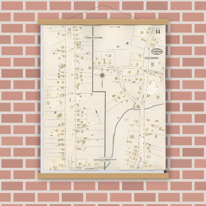 Old map wall art mockup — magnetic wood frame on brick wall — Sanborn Fire Insurance Map from Hingham, Plymouth County, Massachusetts (1948), Sheet #0014
