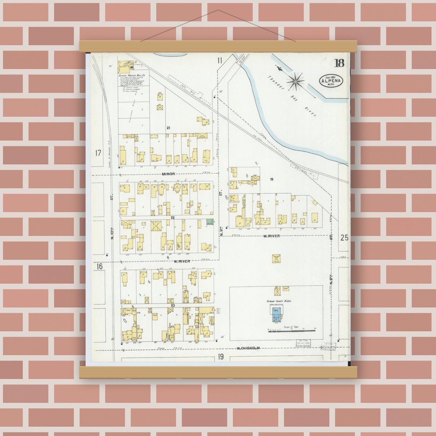 Old map wall art mockup — magnetic wood frame on brick wall — Sanborn Fire Insurance Map from Alpena, Alpena County, Michigan (1901), Sheet #0018
