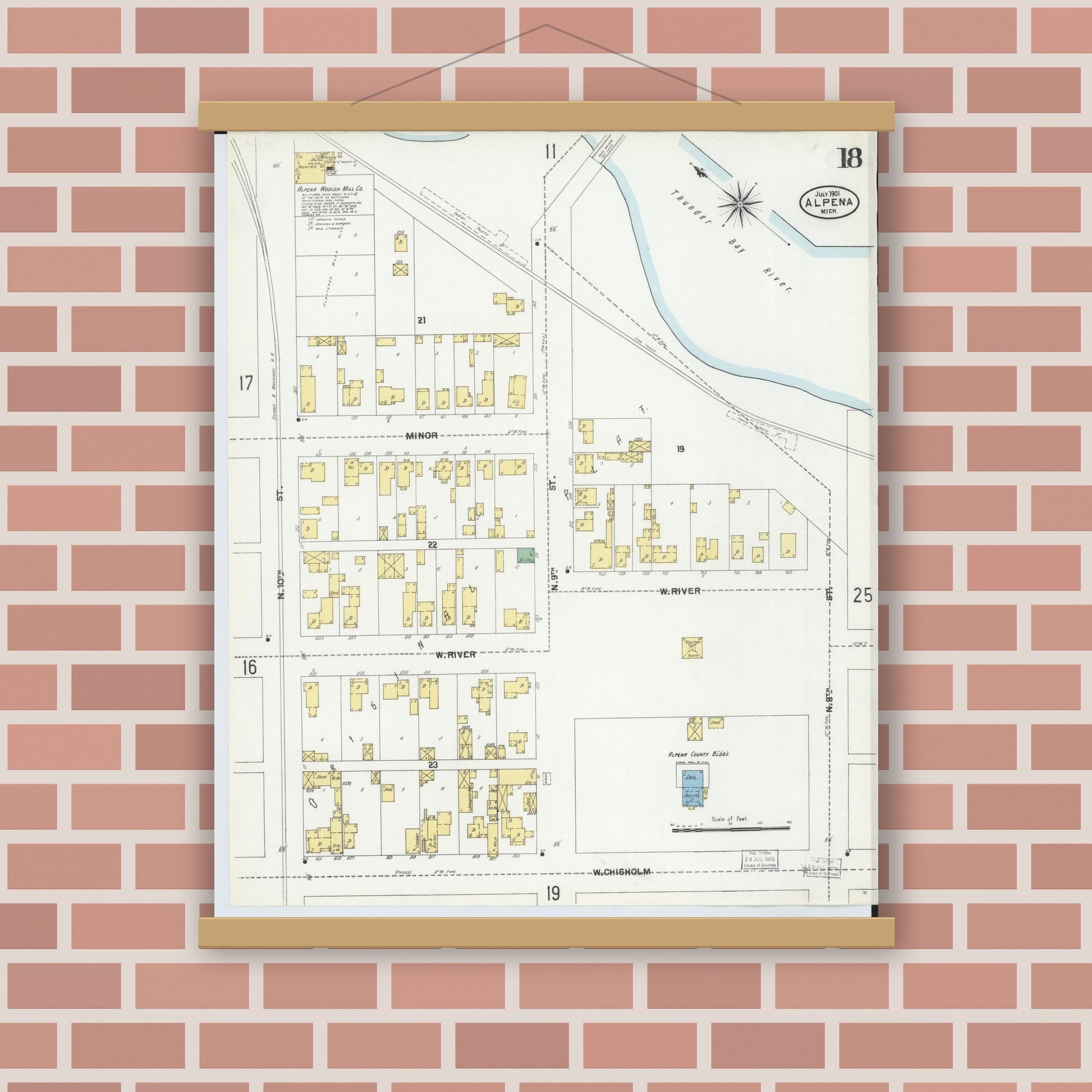 Old map wall art mockup — magnetic wood frame on brick wall — Sanborn Fire Insurance Map from Alpena, Alpena County, Michigan (1901), Sheet #0018