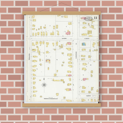 Old map wall art mockup — magnetic wood frame on brick wall — Sanborn Fire Insurance Map from Charlotte, Eaton County, Michigan (1904), Sheet #0011