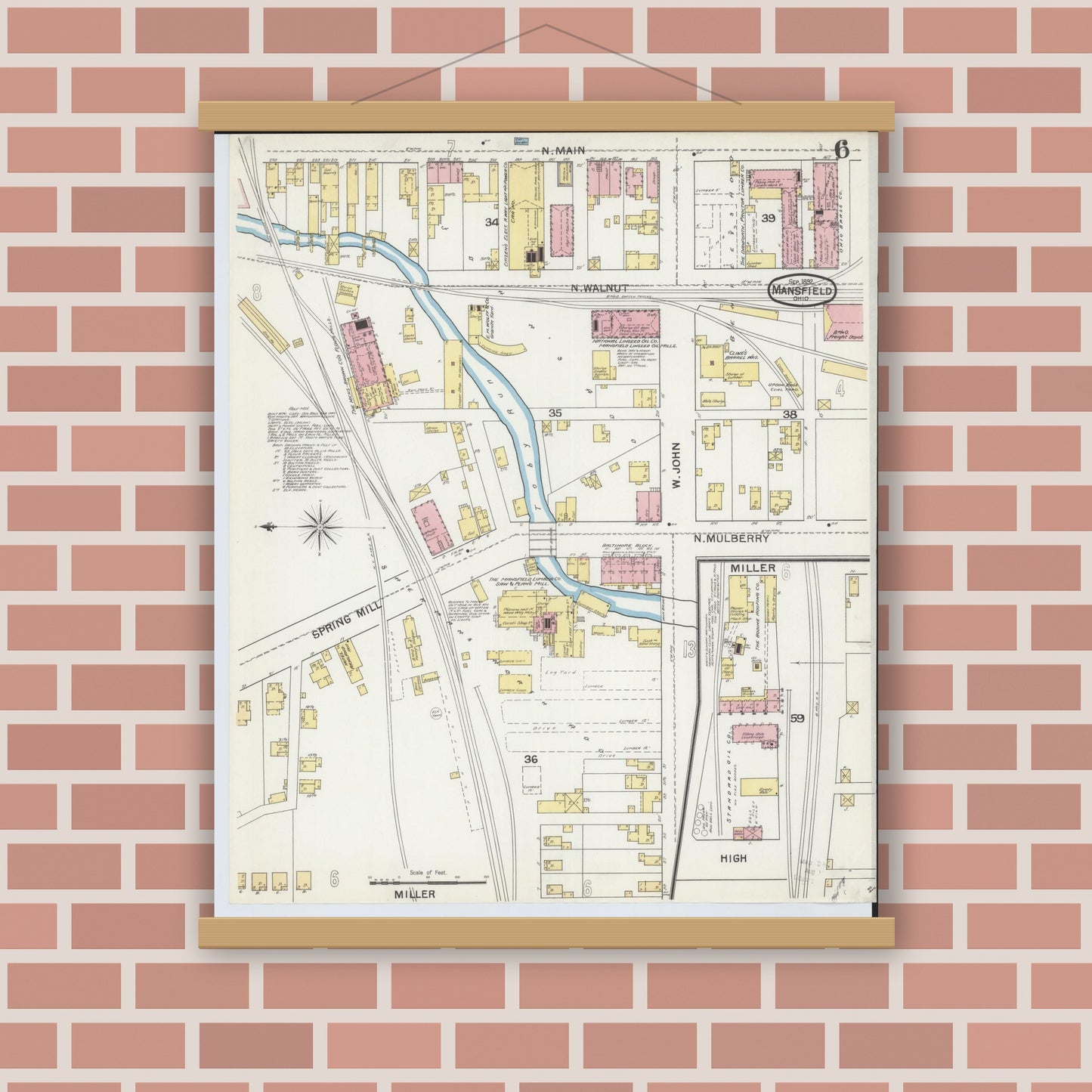 Old map wall art mockup — magnetic wood frame on brick wall — Sanborn Fire Insurance Map from Mansfield, Richland County, Ohio (1892), Sheet #0006