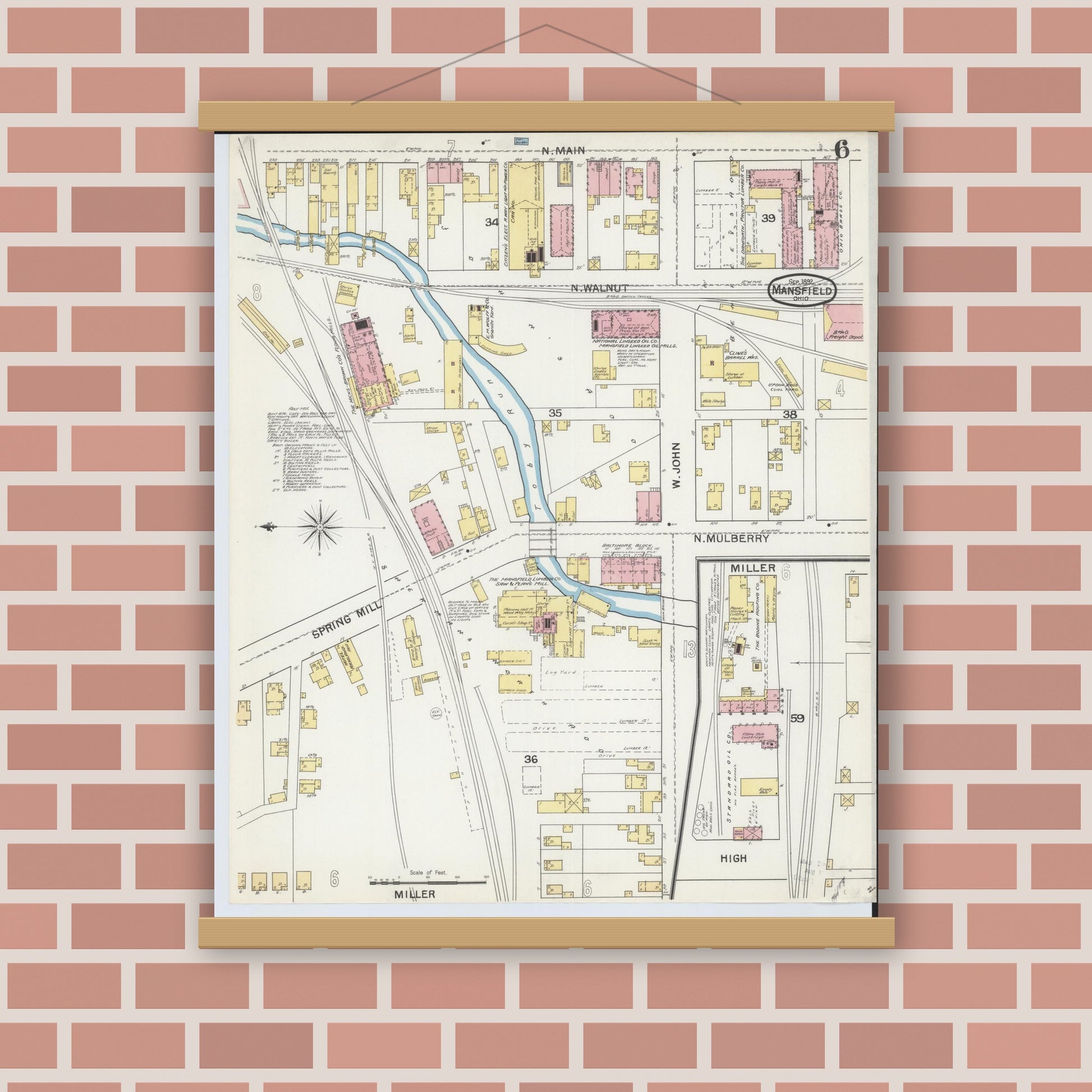 Old map wall art mockup — magnetic wood frame on brick wall — Sanborn Fire Insurance Map from Mansfield, Richland County, Ohio (1892), Sheet #0006