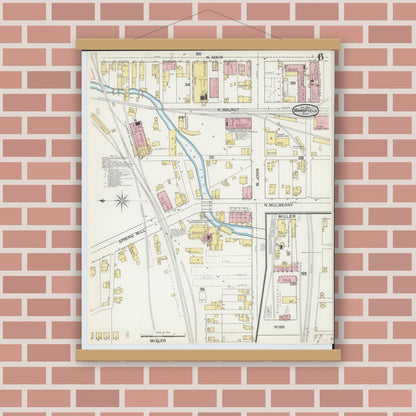 Old map wall art mockup — magnetic wood frame on brick wall — Sanborn Fire Insurance Map from Mansfield, Richland County, Ohio (1892), Sheet #0006