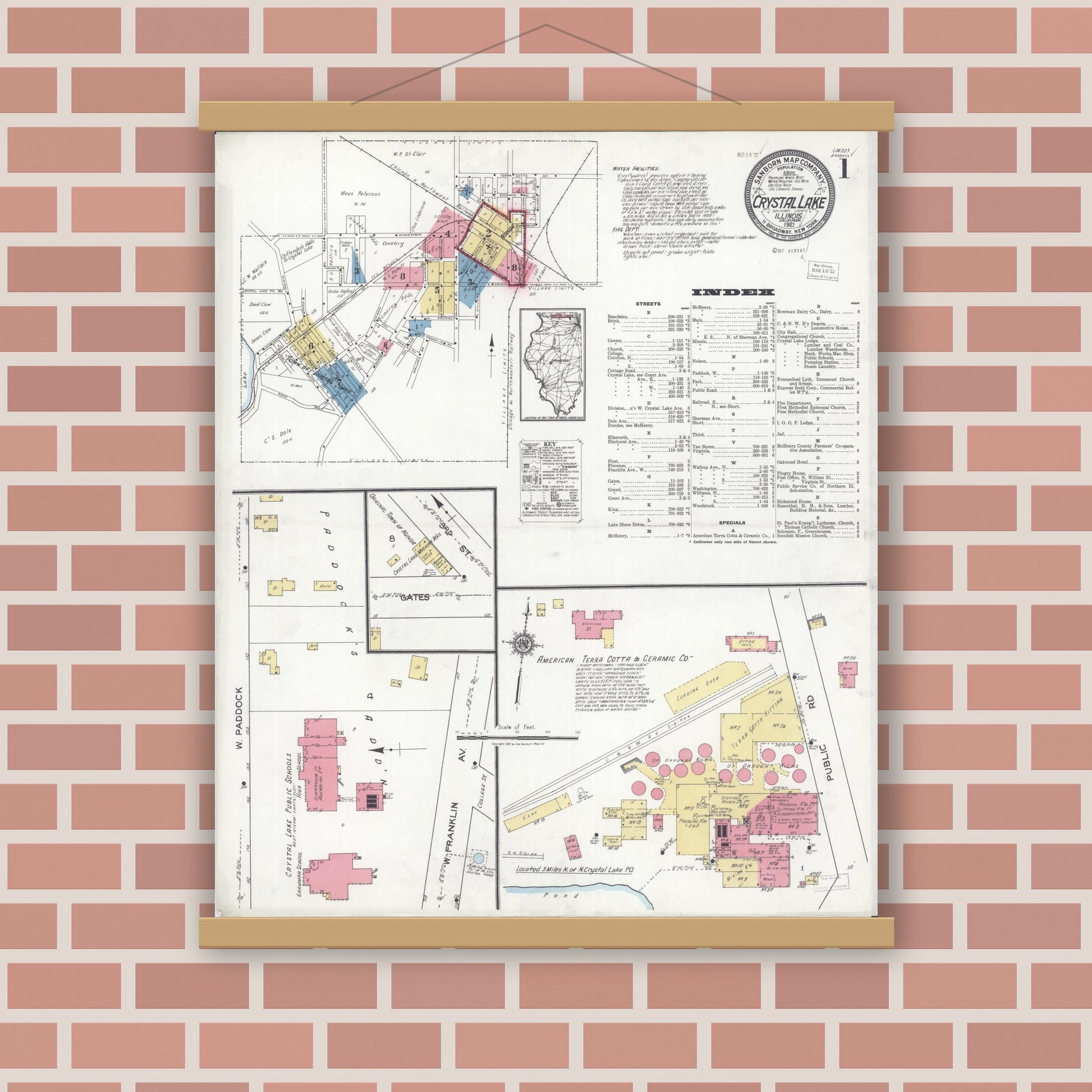 Old map wall art mockup — magnetic wood frame on brick wall — Sanborn Fire Insurance Map from Crystal Lake, McHenry County, Illinois (1921), Sheet #0001
